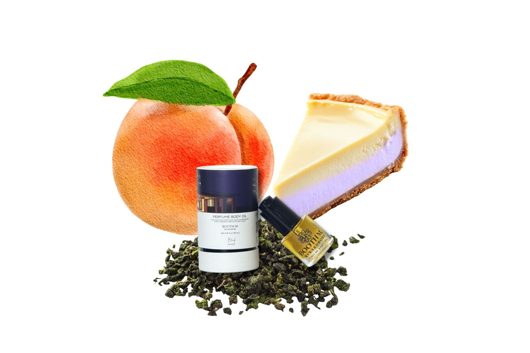 (PRE ORDERS ONLY) Booth M. Perfume Body Oil 15 ML (0.51 FL OZ) Peach, Tea & Cream Cheese Foam: Fragrance, Gourmand Scented Body Oil, Lightweight Moisturizing Oil, Travel Size
