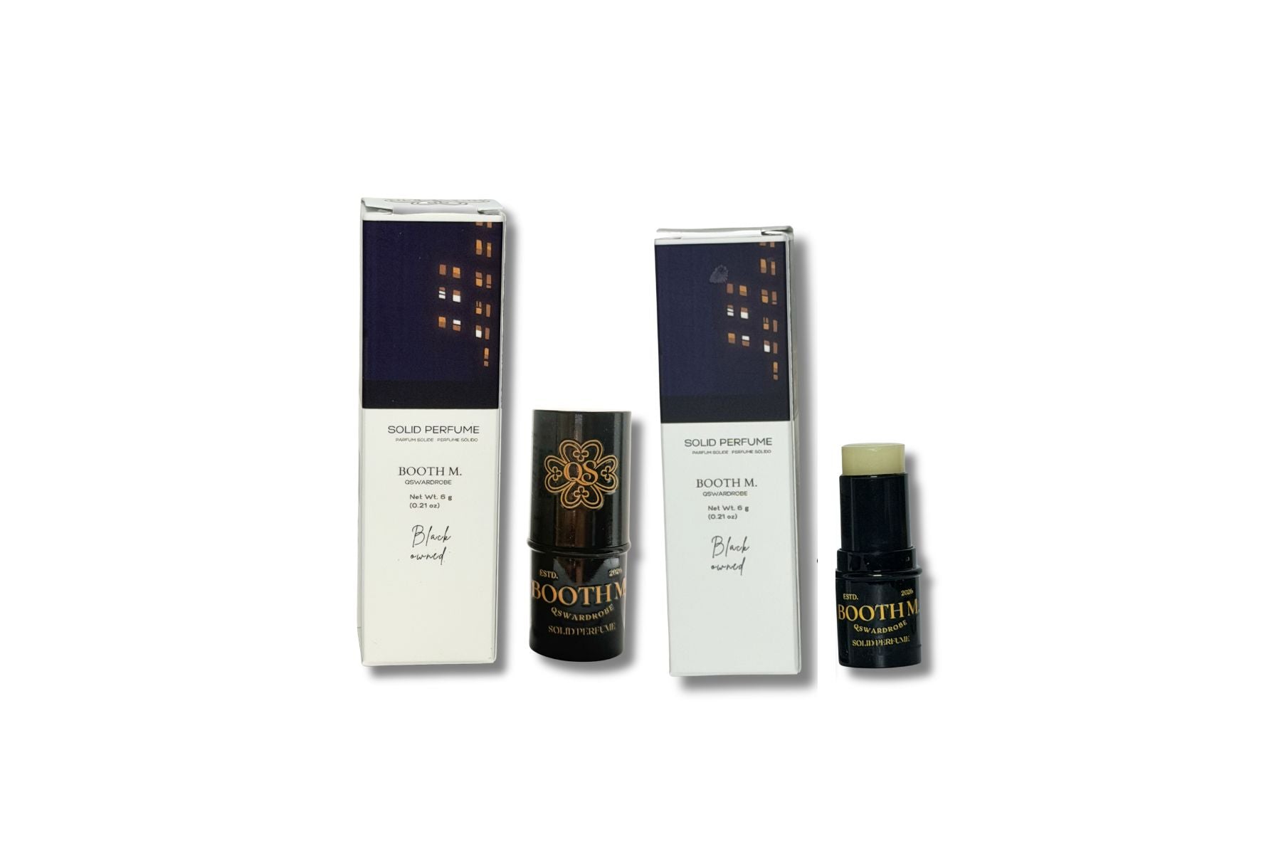 Set of perfume bottles and packaging on a white background