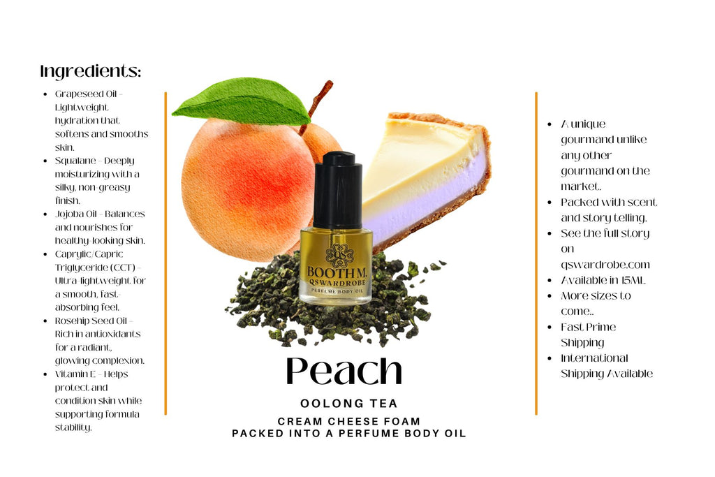 Perfume bottle labeled 'Peach Oolong Tea Cream Cheese Foam' with ingredients listed on a white background.
