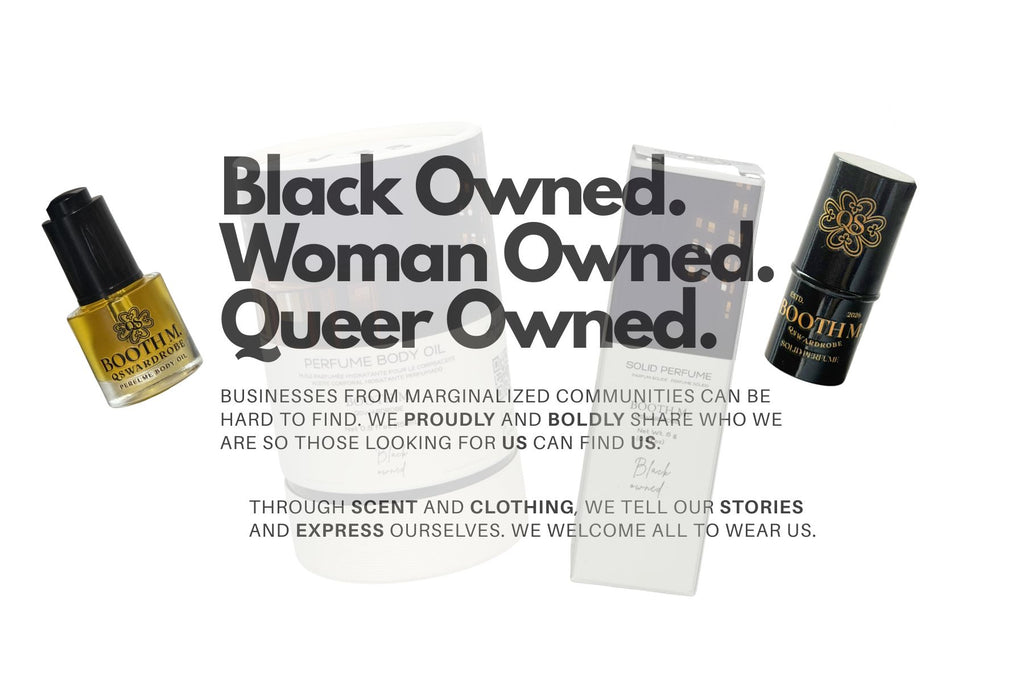 Two bottles of perfume products with text about black-owned, woman-owned, and queer-owned businesses on a white background.