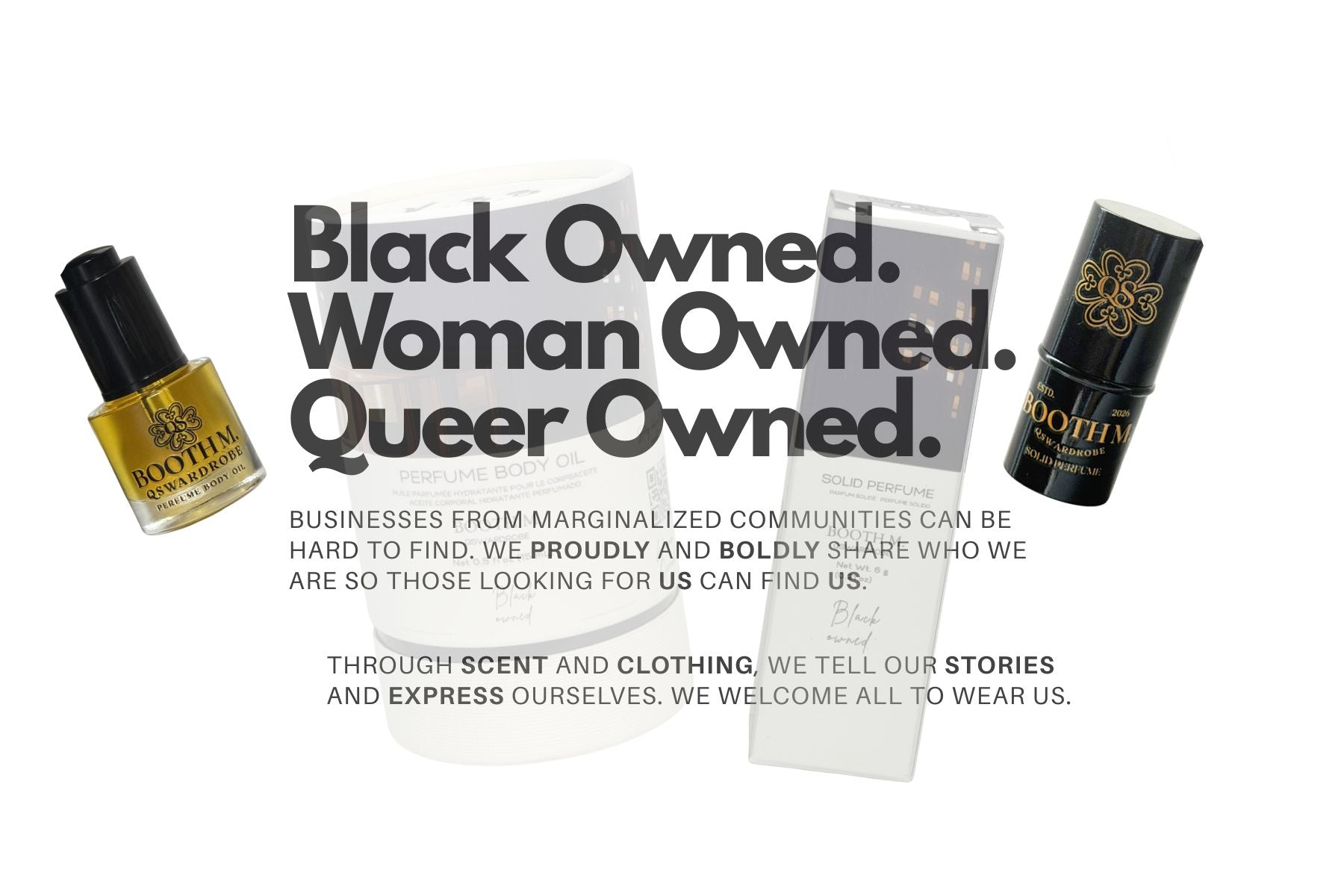 Two bottles of perfume products with text about black-owned, woman-owned, and queer-owned businesses on a white background.