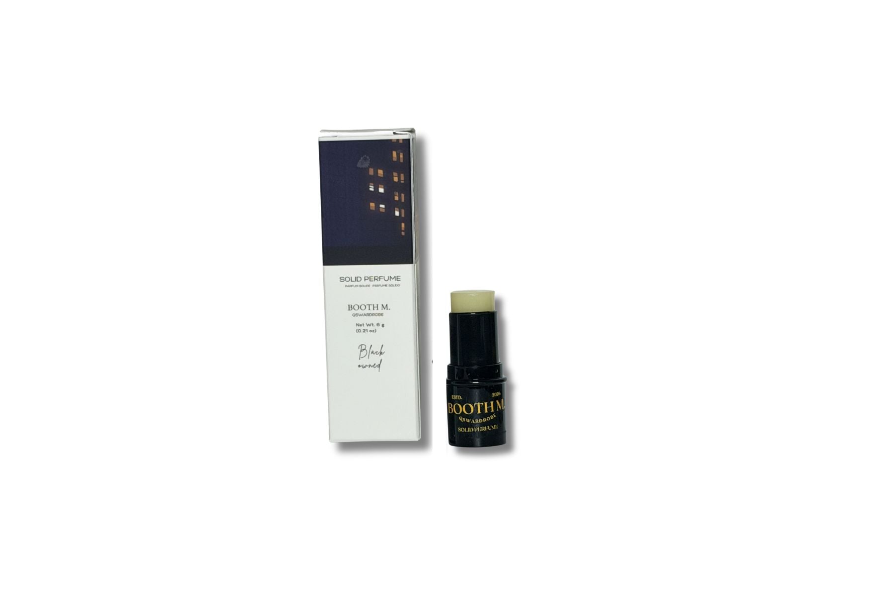 Solid perfume packaging on a white background