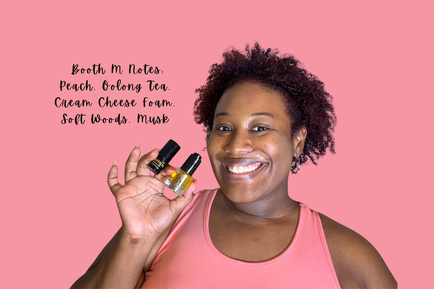 Woman holding two perfume bottles with a pink background and fragrance notes listed.