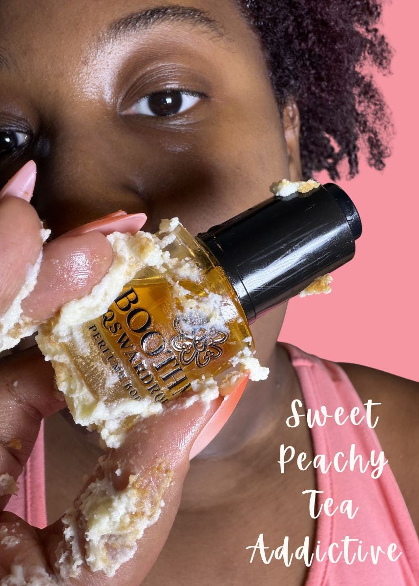Person holding a bottle of 'Sweet Peachy Tea Addictive' nail polish with a pink background