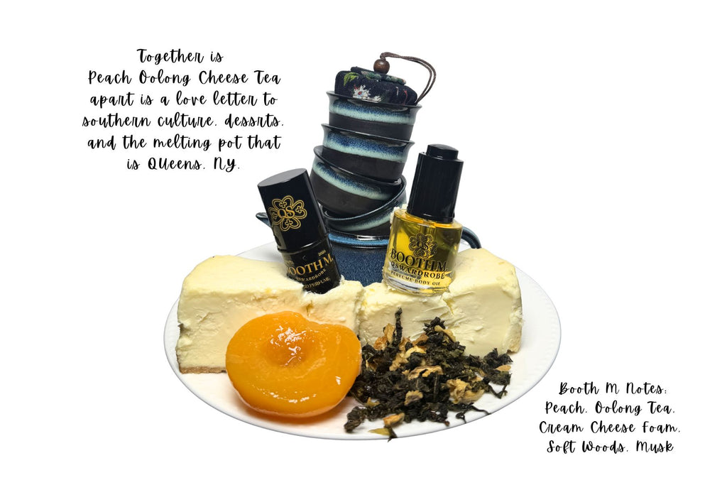 Assorted items including a bottle, a cup, a cheesecake, tea, and a peach on a white plate with text overlay.